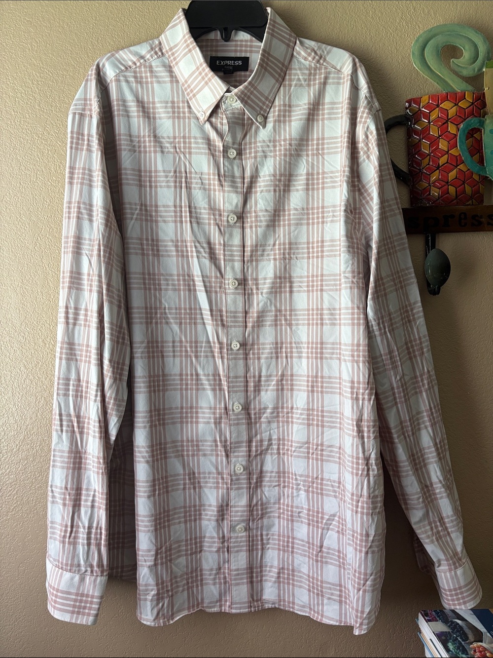 Express Men's Button-Down Plaid Shirt - Pink & White